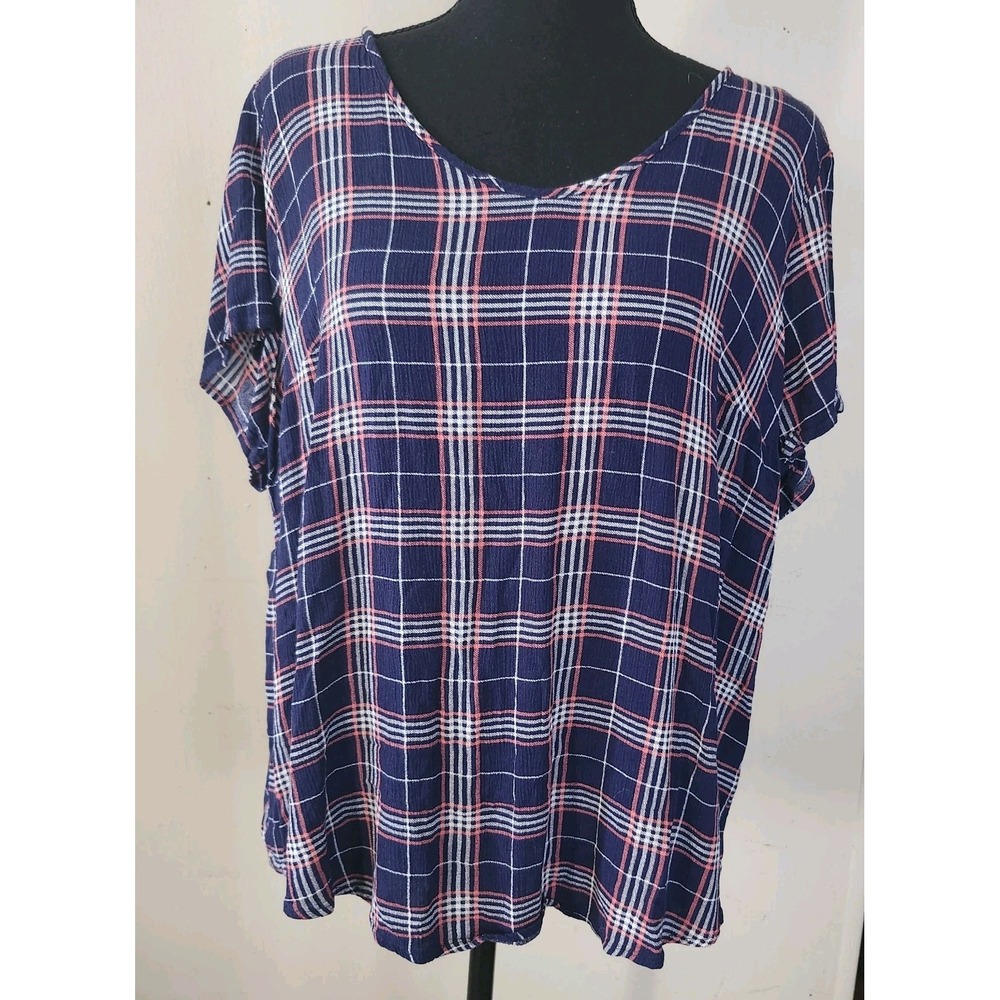 Torrid Womens Size 0 Large 12 Navy Pink Plaid S/S Button Back Top Shirt